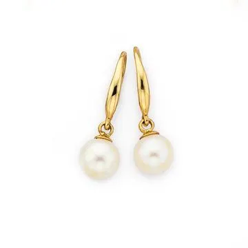 5mm Cultured Fresh Water Pearl Drop Earrings in 9ct, Yellow Gold