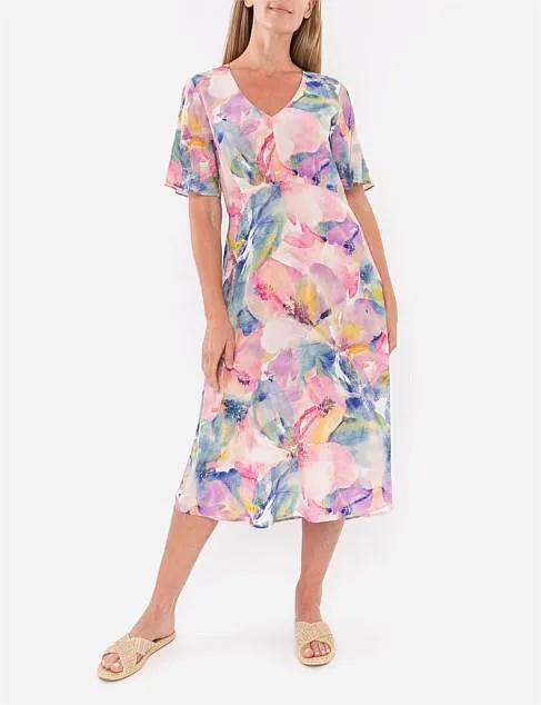 Watercolour Bloom V Neck Flutter Dress