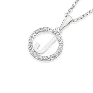 Silver Initial J in CZ Round Pendant