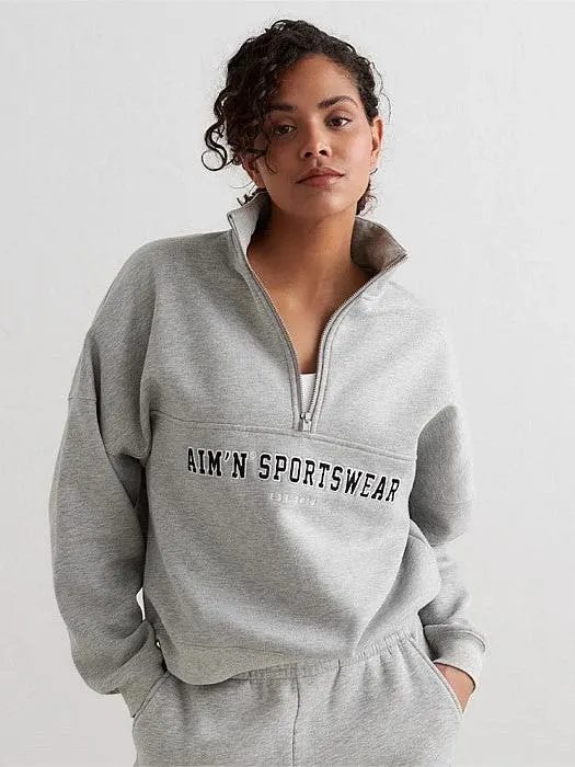 Grey Melangé Varsity Sweat Half Zip