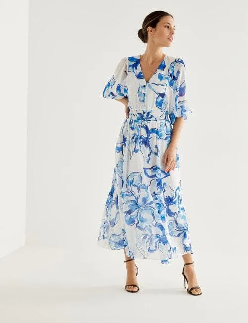 Whistle Abstract Floral Dress, White & Blue