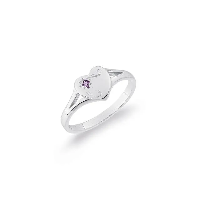 Sterling Silver Heart with Amethyst Signet Ring Size L
