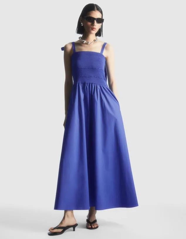 Tie-Detail Smocked Midi Dress