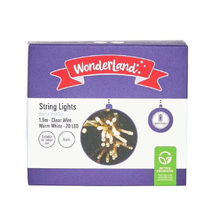 Wonderland Christmas Battery String Lights 20 Warm White LEDs 1.9m