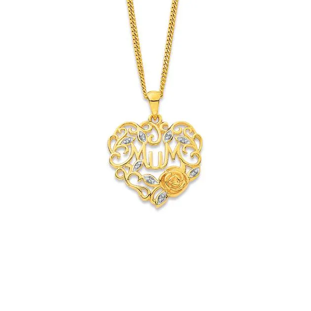 9ct, Diamond Mum Filigree Flower Heart Pendant