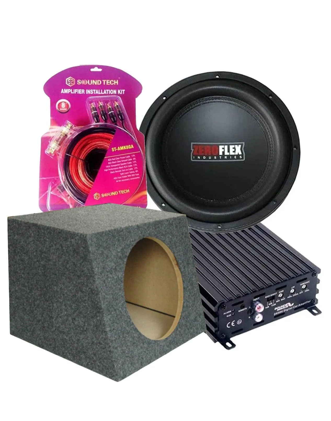 Zeroflex ZFX124 12" 350W RMS Slim Car Subwoofer + Sound Magus DK600 Class D AMP + Subwoofer Box + Wiring Kit (Bundle Deal)