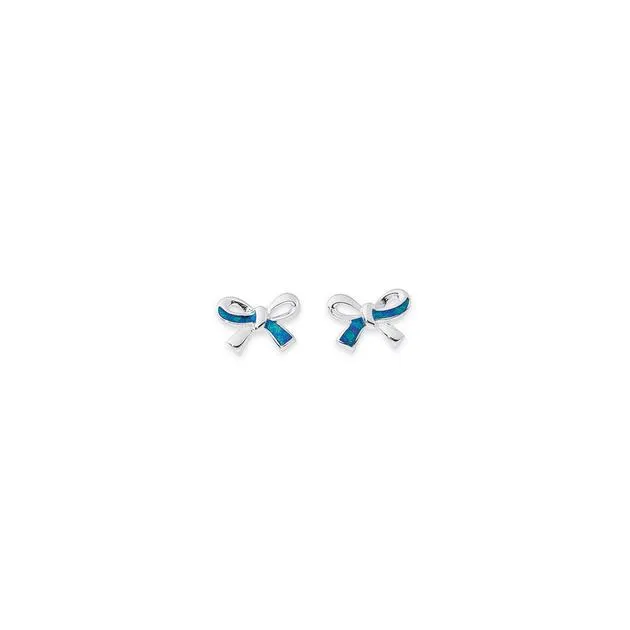 Sterling Silver Created Blue Opal Bow Studs