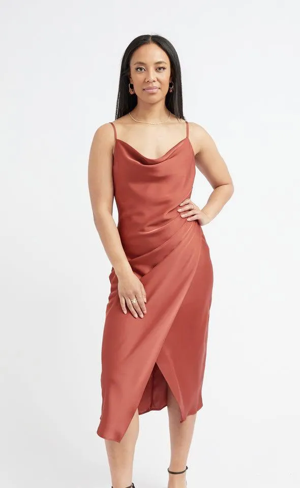 Satin Cowl Split Hem Dress