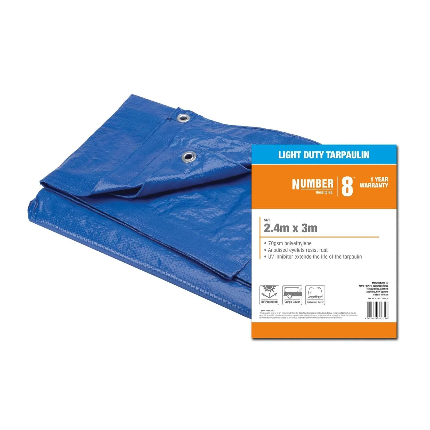 Number 8 Light Duty Tarpaulin 2.4m x 3m Blue