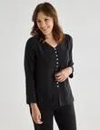Ella J Button Through 3/4 Sleeve Top, Black