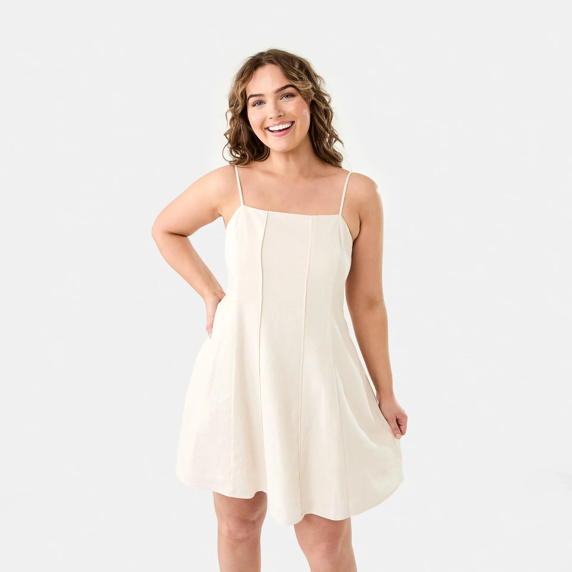Sleeveless Pintuck Linen Blend Mini Dress
