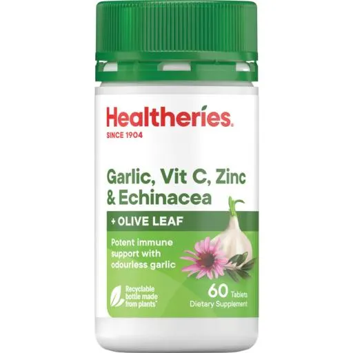 Healtheries Garlic, Vit C, Zinc & Echinacea with Olive Leaf 60 Pack