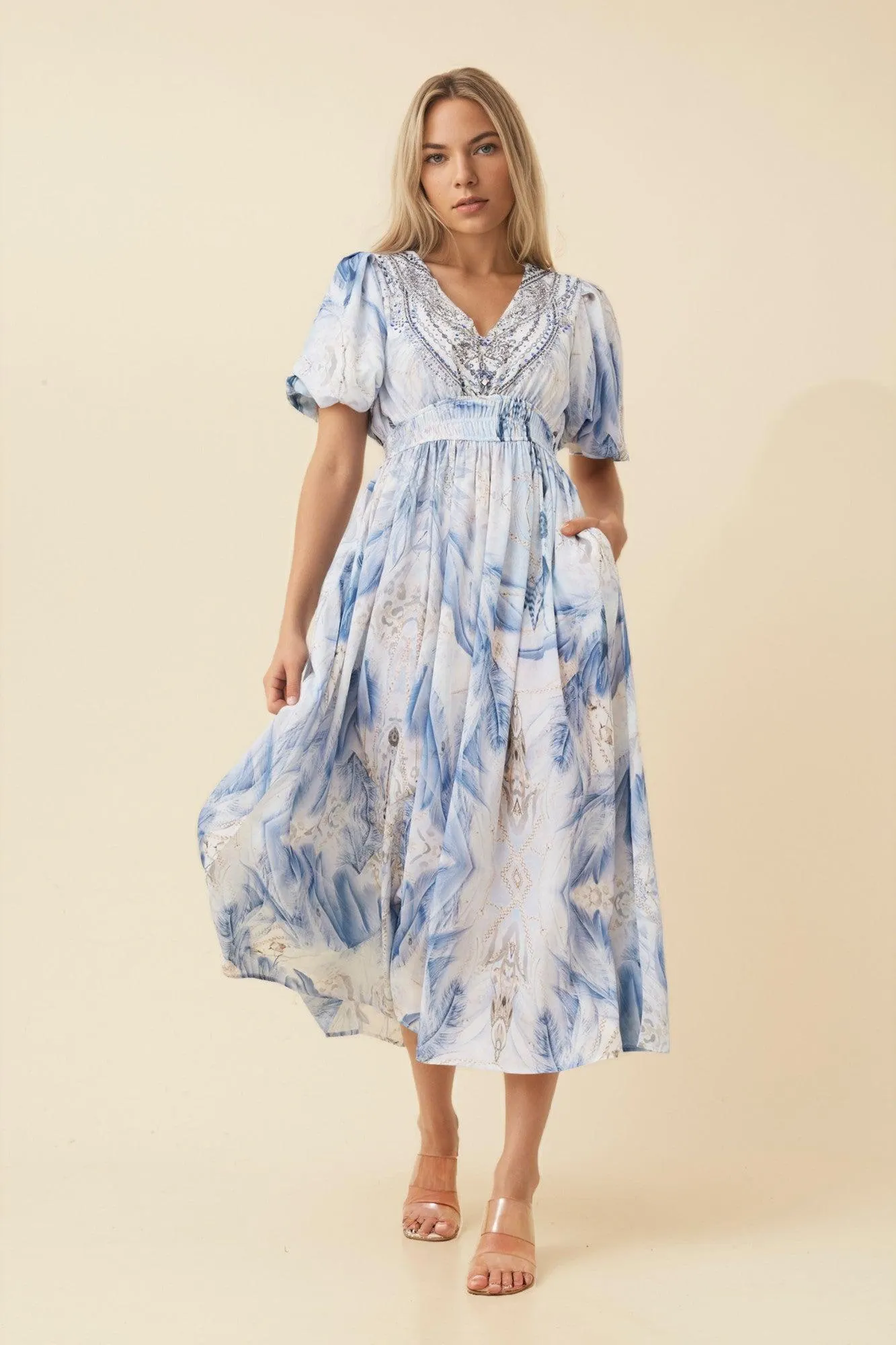 REID ARABESQUE PRINT MIDI DRESS