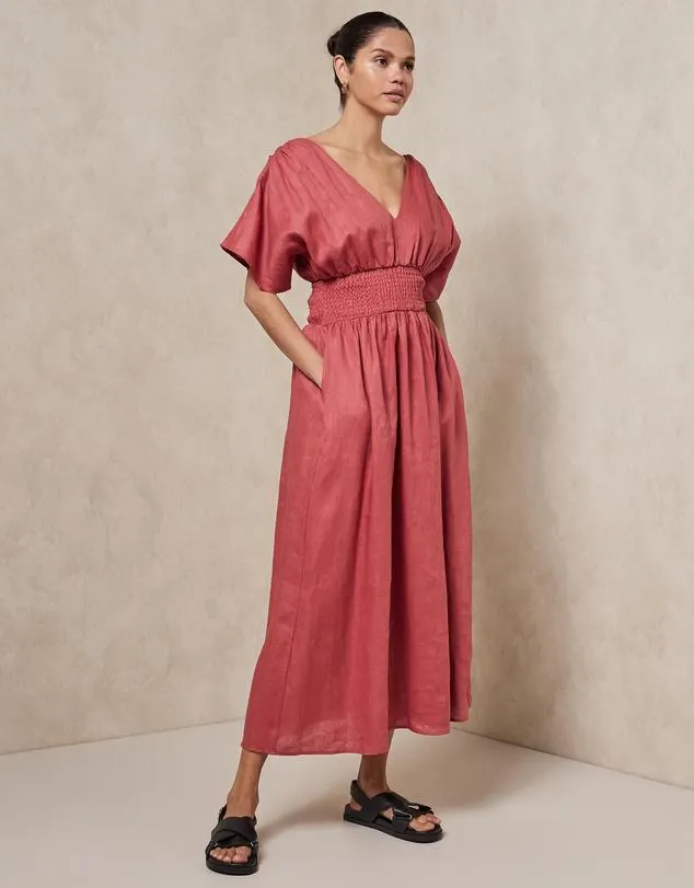 Linen Shirred Waist Midi Dress