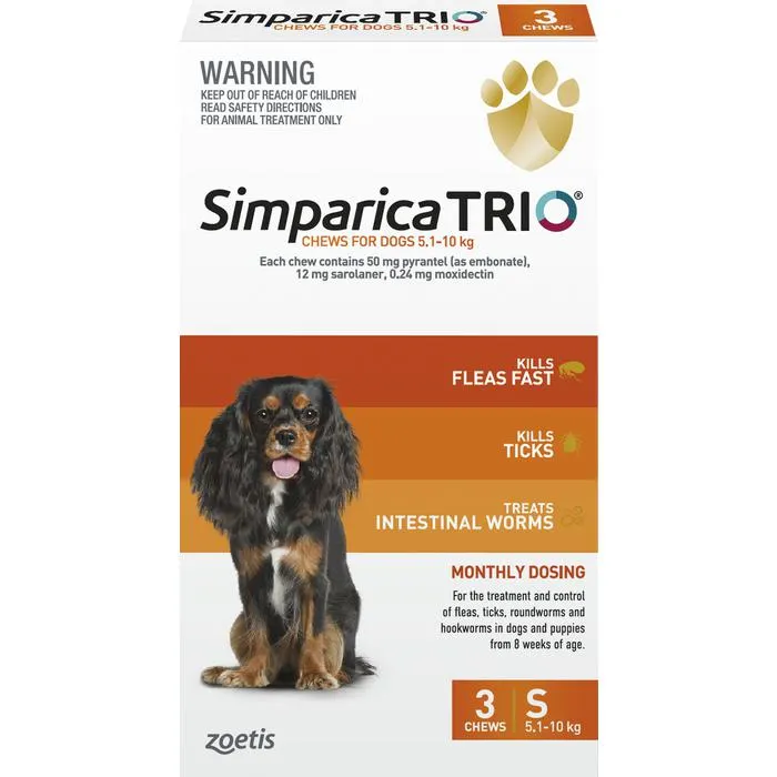 Simparica Trio Flea Tick & Worm Treatment 5.1kg-10kg - 3 Pack