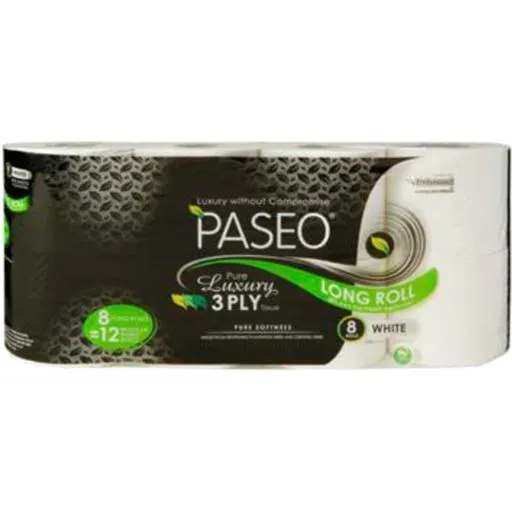 Paseo Toilet Paper 3 Ply Long Roll White 8 Pack