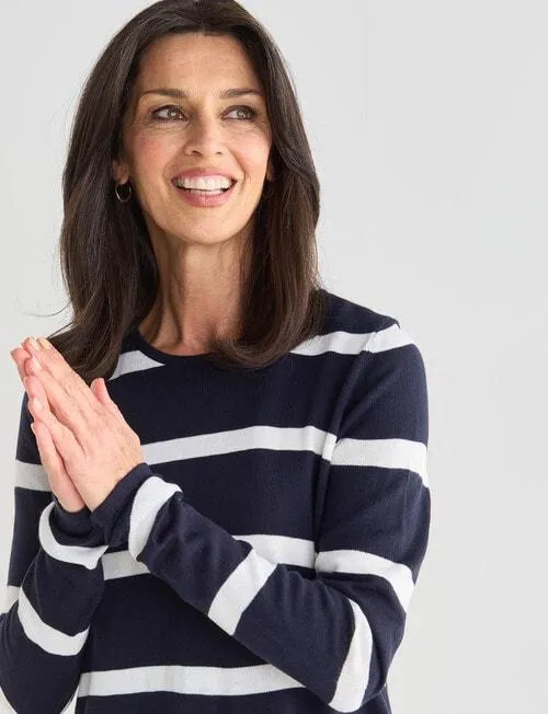 Ella J Stripe Curved Hem Jumper, Navy & Ivory
