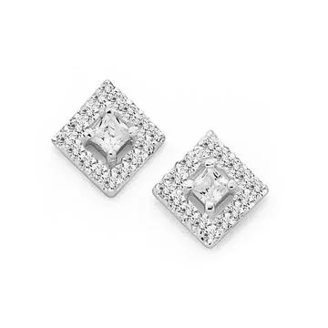Sterling Silver Cubic Zirconia Square Fancy Studs