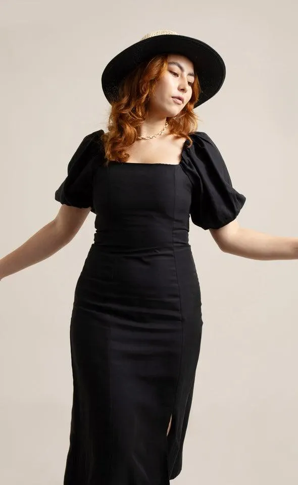 Linen Blend Square Neck Midi Dress