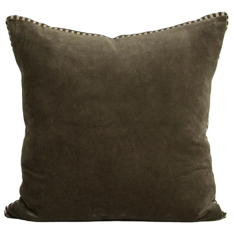 Edward velvet cushion cover with striped edge 50cm thyme