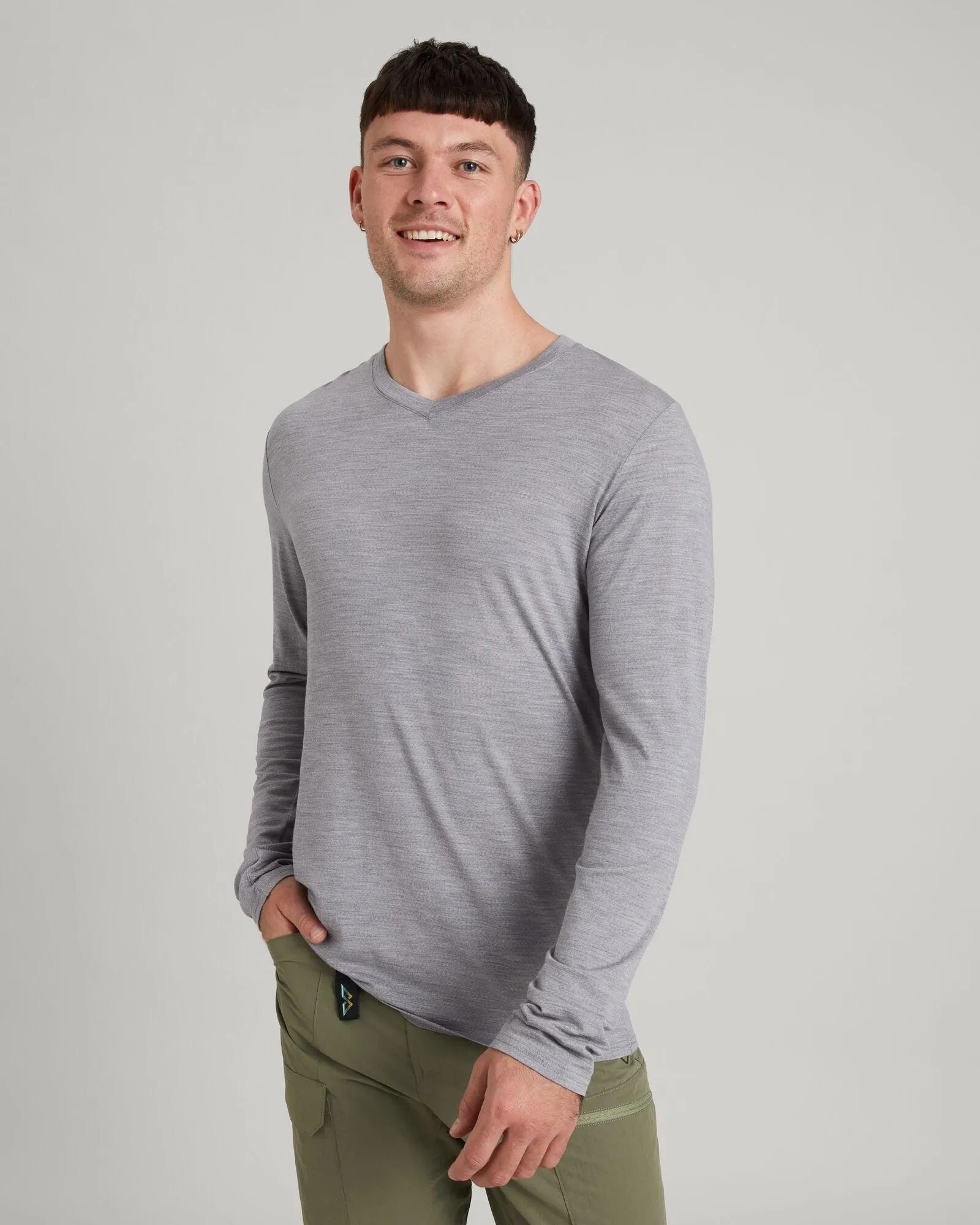Men's 100% Merino Long Sleeve V-Top - Mid Grey Marle