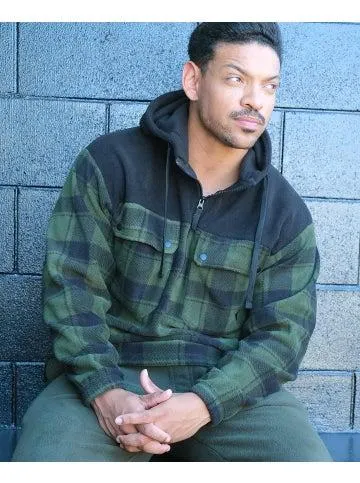 Men's Panel Hooded Polar Fleece Sweat in Khaki Check