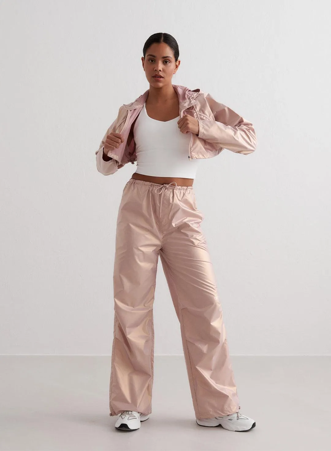 ROSE METALLIC PLAIN PARACHUTE PANTS