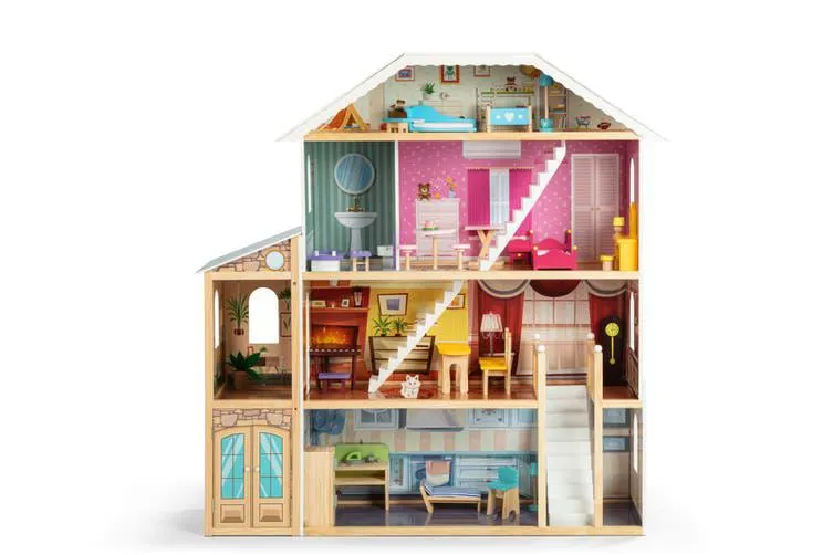 1.2 Metre Four Level Wooden Doll House with 30 furniture pieces