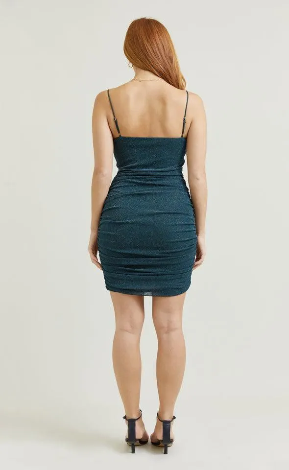 Glitter Mesh Cowl Ruched Dress