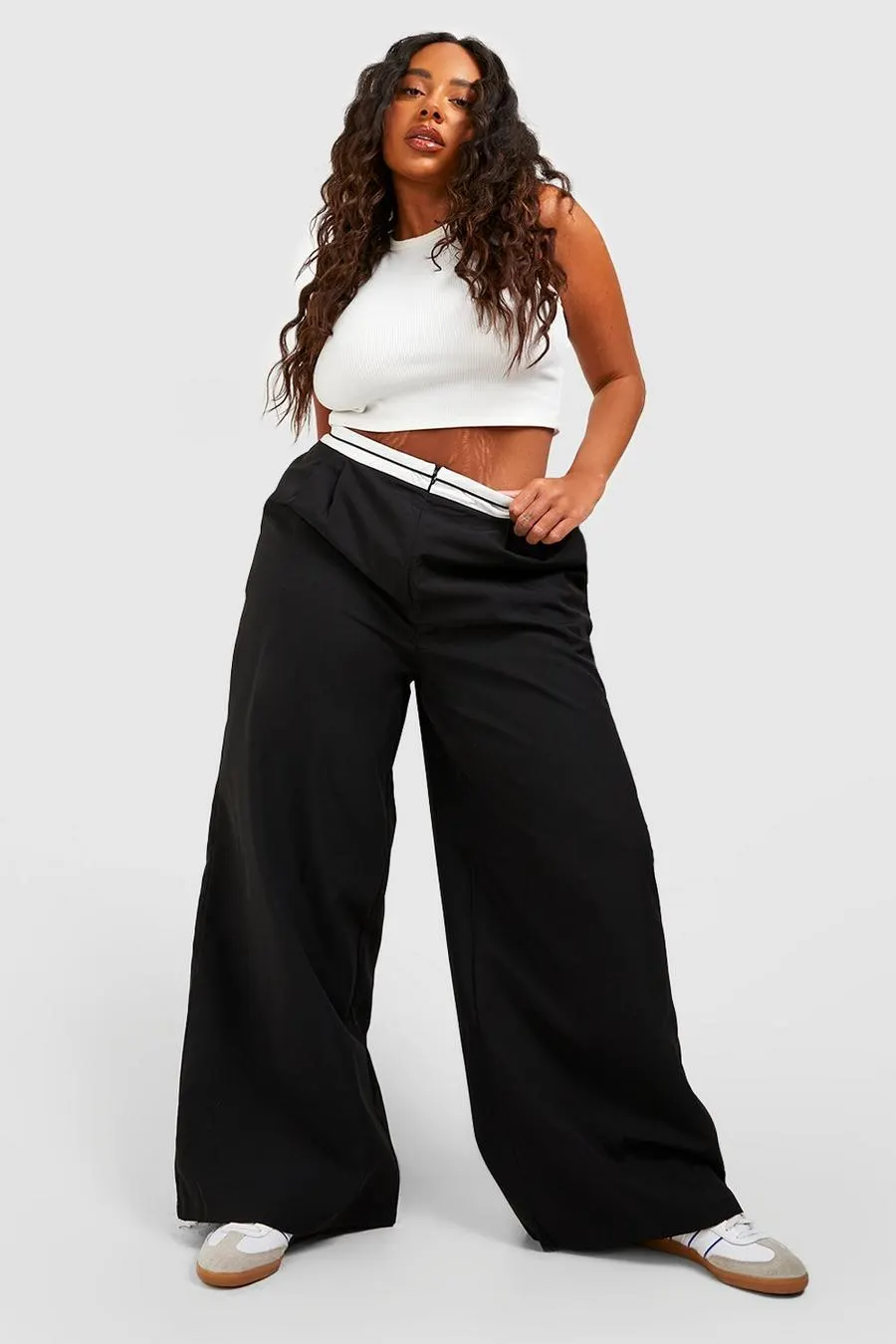Plus Woven Reverse Waist Wide Leg Trousers