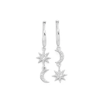 Sterling Silver CZ Star and Moon Hoop Drop Earrings
