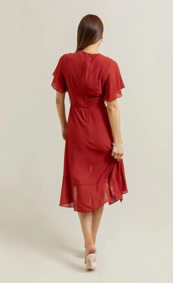 Chiffon Flutter Wrap Midi Dress