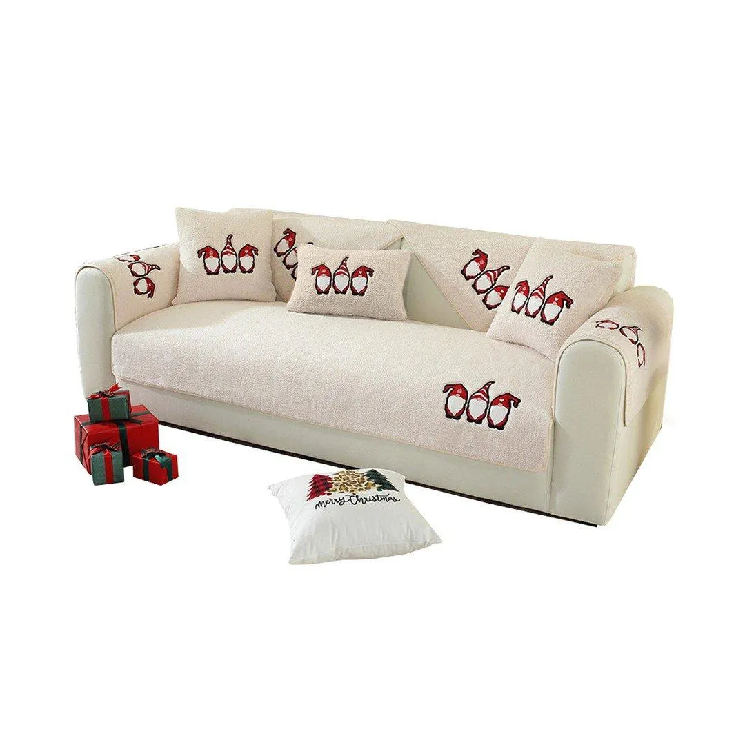 Christmas Sherpa Fleece Slipcover Protector Sofa Throw Cover Soft Thick Cozy Sofa Throw-Beige