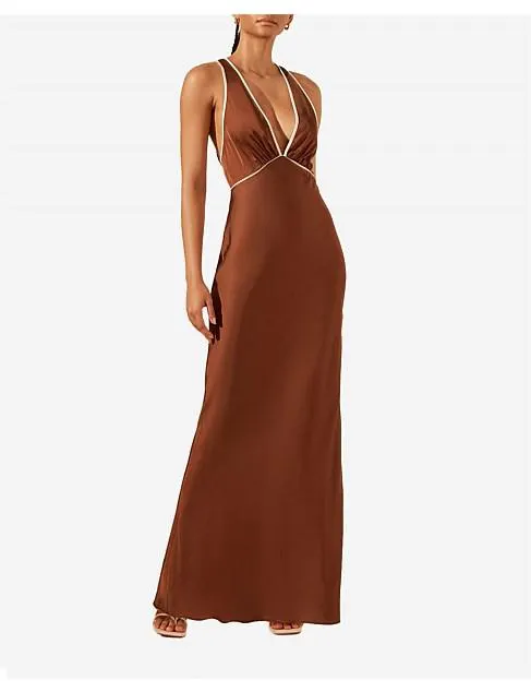 Belkis Contrast Plunged Cross Back Maxi Dress