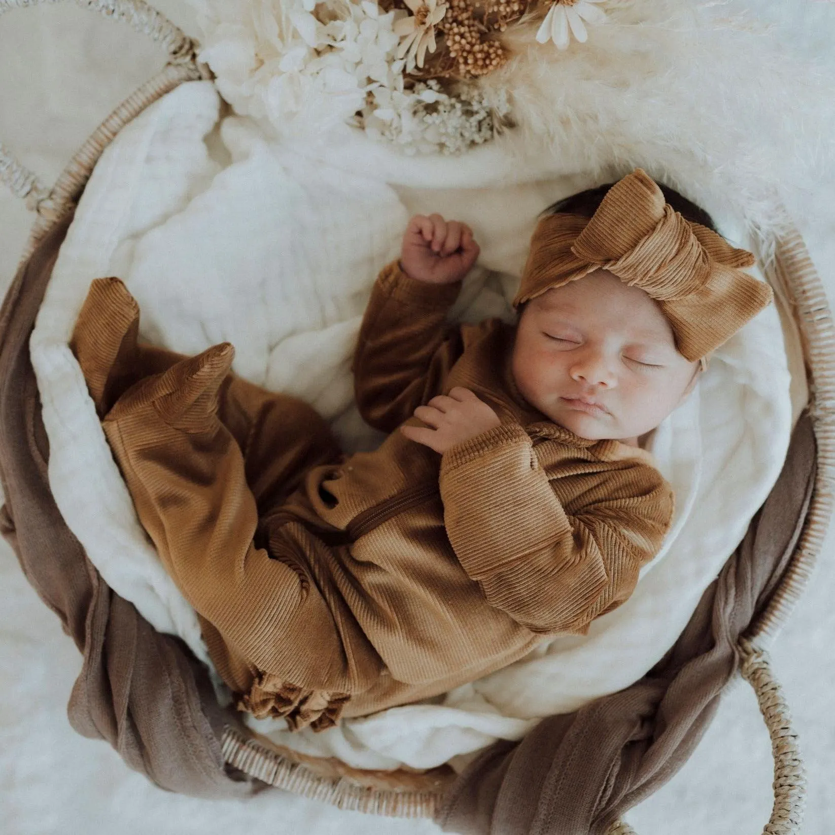 My First Outfit - Corduroy Flutter Bum Footed Overalls & Topknot Set - Honeycomb