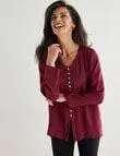 Ella J Button Through 3/4 Sleeve Top, Claret