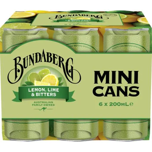 Bundaberg Soft Drink Lemon Lime & Bitters Mini Cans 200ml 6 Pack