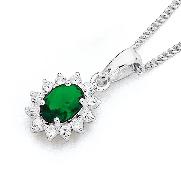 Sterling Silver Green Cubic Zirconia & Cubic Zirconia Cluster Pendant