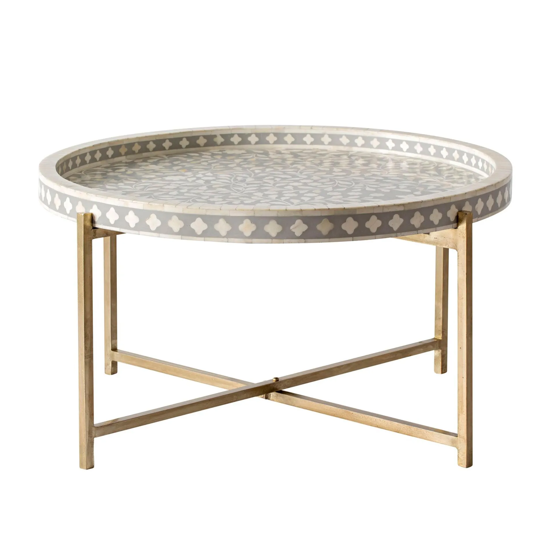 Bone Inlay Round Coffee Table Grey with Gold Frame 41cm