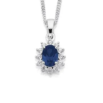 Sterling Silver Blue Created Sapphire & Cubic Zirconia Pendant