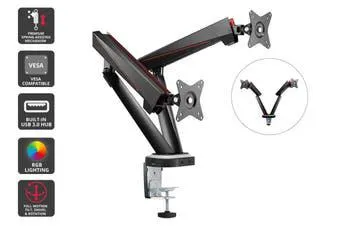 Kogan RGB Gaming Monitor Mount with USB Hub (Dual Full Motion Spring-Assisted) 17" - 32"