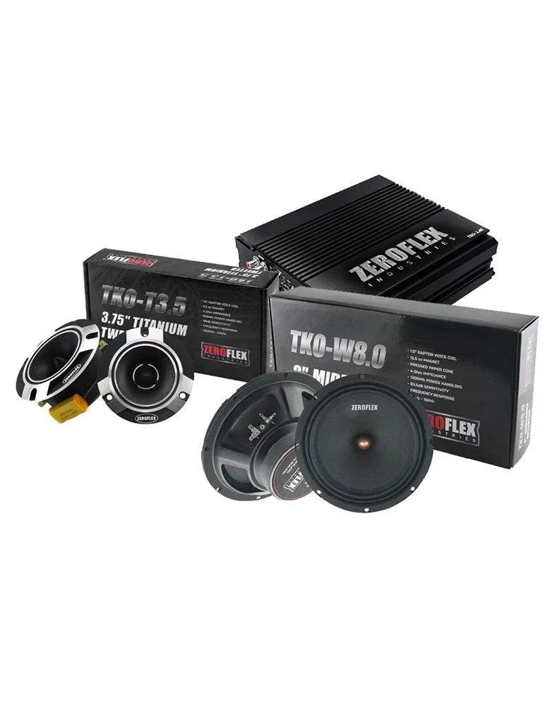 Home Zeroflex (Combo Pack) TKO-2.4K 4 Channel Car Amplifier 2000RMS & TKO-T3.5 3.5" Titanium Super Car Tweeters (2Pair) & TKO-W8.0 8'' Car Midbass Drivers 120rms (3pairs)