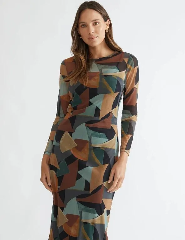 Katies Long Sleeved Body Con Mesh Dress With Lining