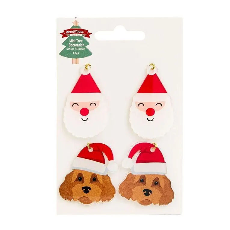 Wonderland Flat Santa/Dog Christmas Tree Decorations 4 Pack