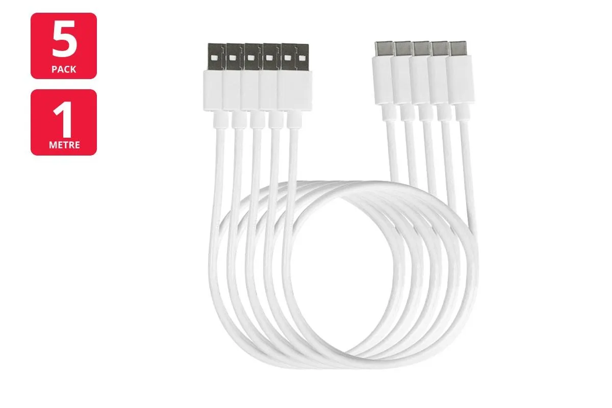 1m USB-A to USB-C Cable (White, 5 Pack)
