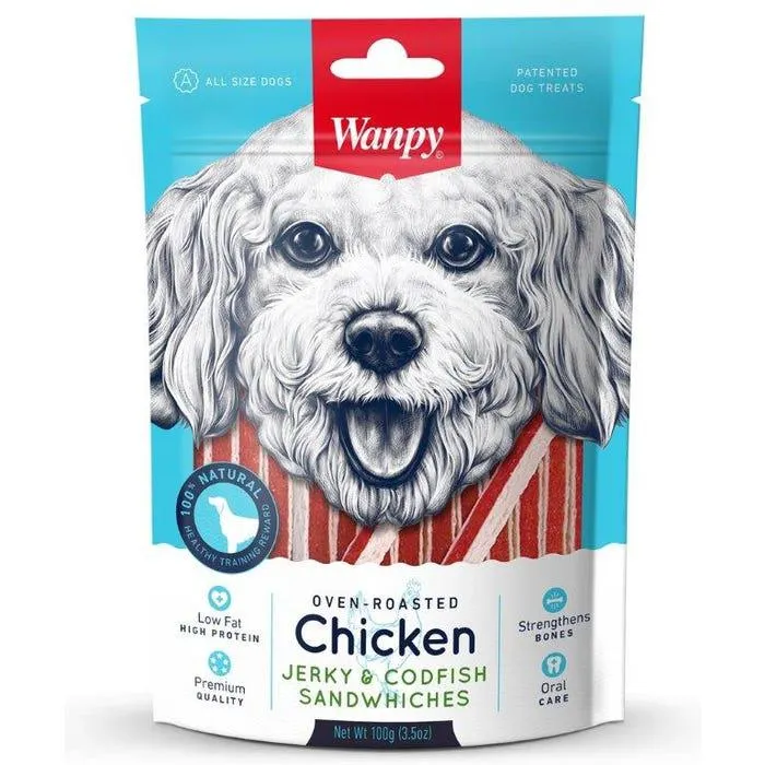 Wanpy Dog Chicken Jerky And Codfish Sandwiches 100g
