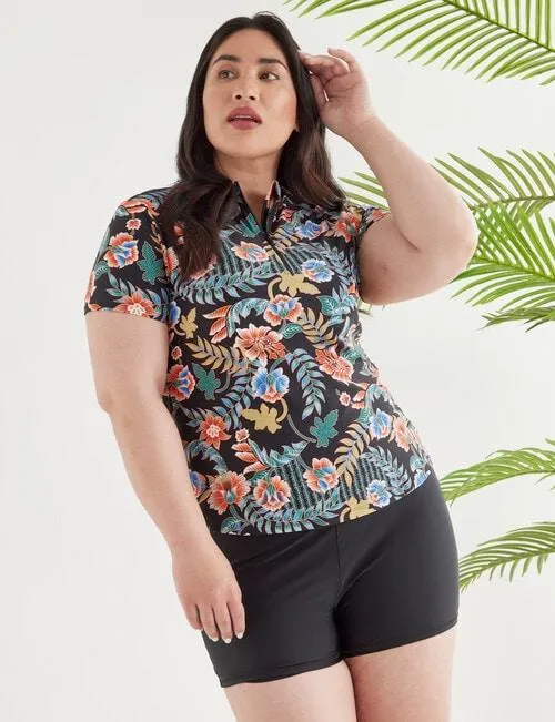 Zest Resort Curve Floral Zip Front Short Sleeve Rash Top, Black