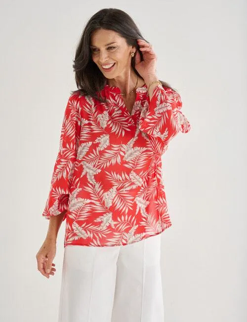 Ella J Palm V-neck Chiffon Top, Red