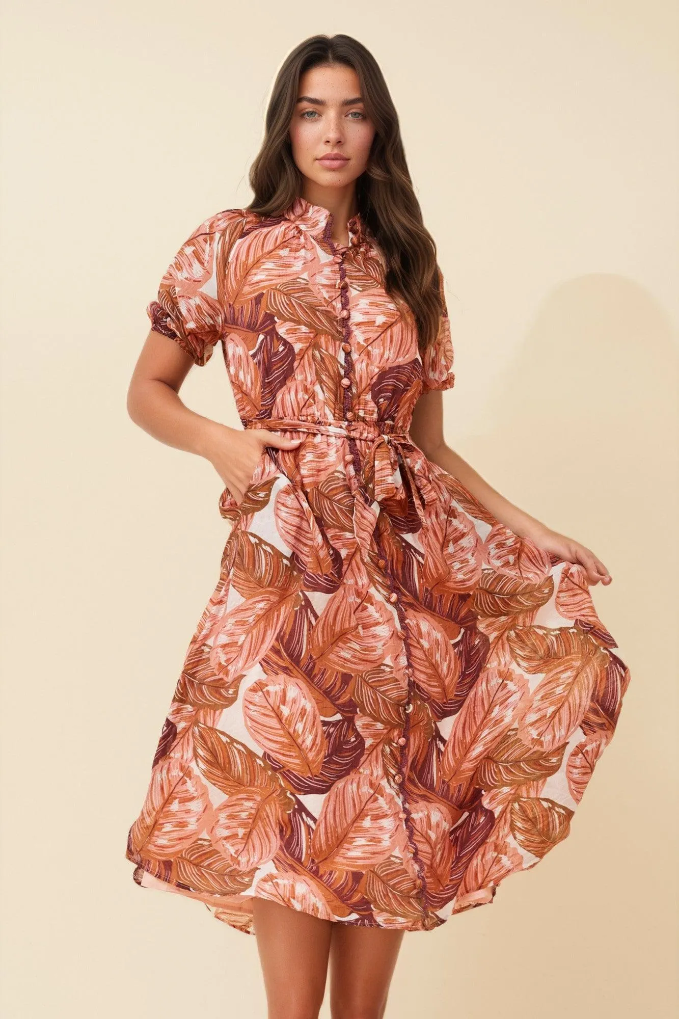 GENEVA LEAF PRINT MIDI DRESS