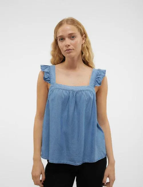 Vero Moda Harper Sleeveless Frill Short Top, Medium Blue